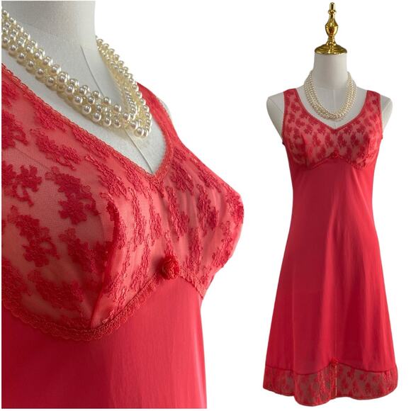 Vintage 60s Germany Triumph Int. Coral Nylon & Lace Mini Slip Dress Women Size S - Picture 1 of 11